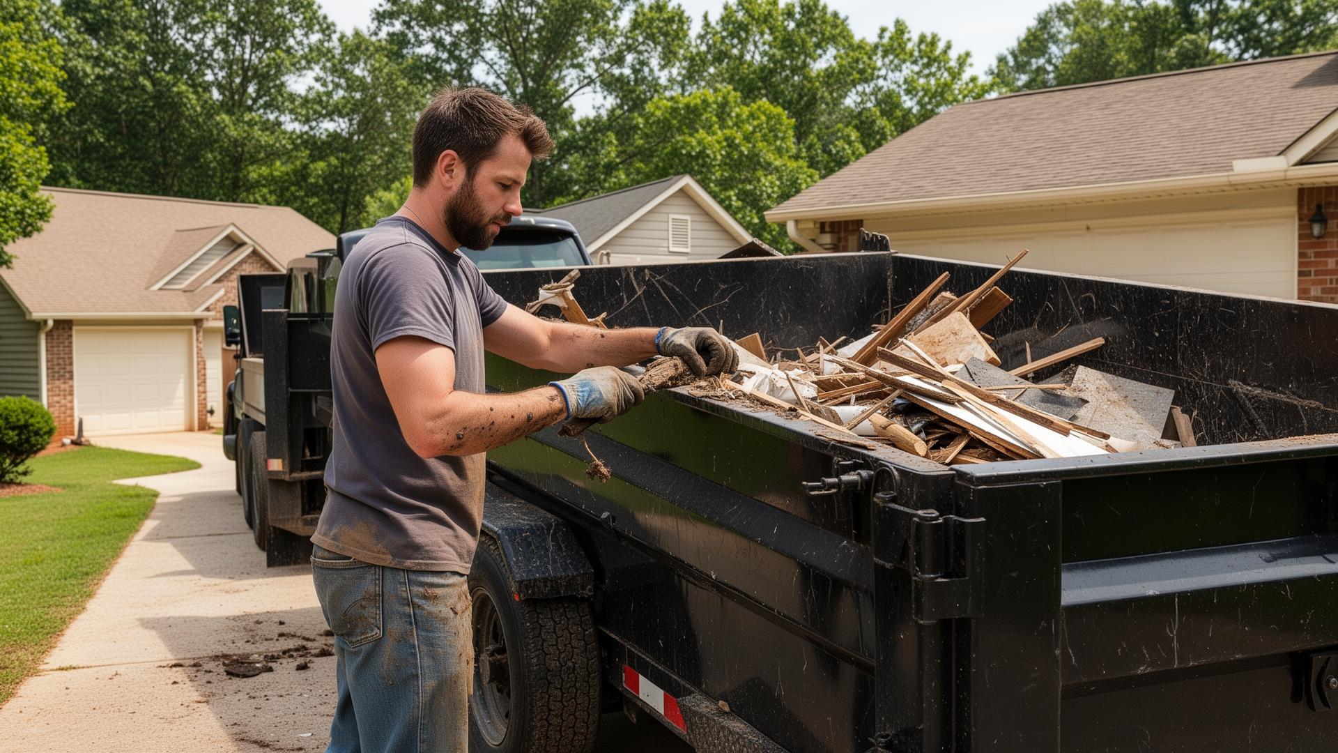 Worker loading junk into a dump trailer at an Atlanta residential property